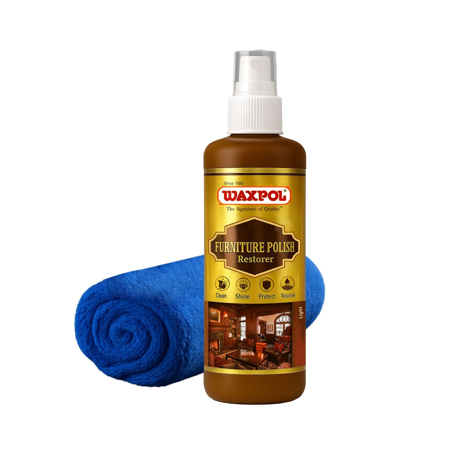 Waxpol Furniture Polish Restorer 200ml with Microfiber, Wood Polish Shine Spray for Furniture, Cabinets, and Wardrobes, Restores & Maintains Wood Shine