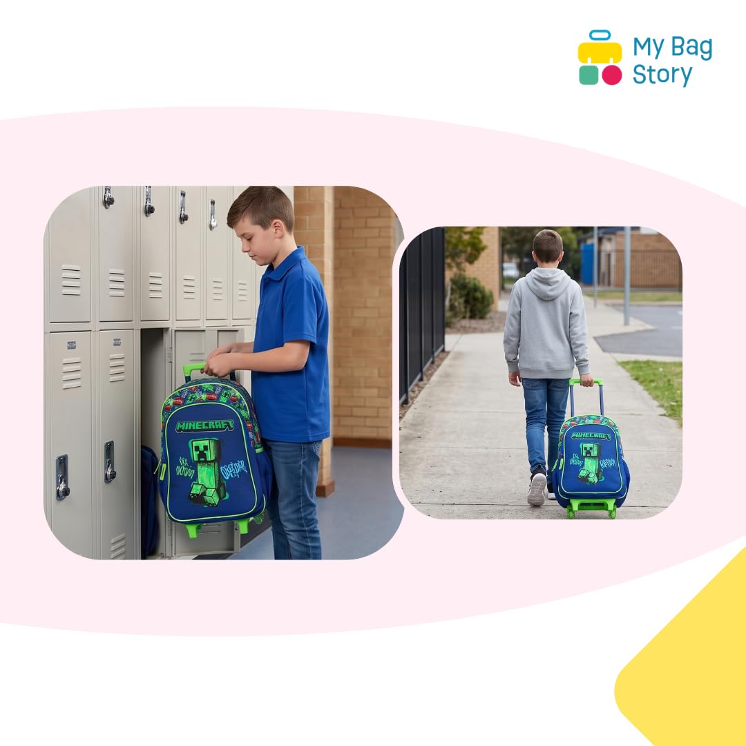 mybagstory | Zaino con ruote Minecraft | 2 scomparti | Verde | Borsa scuola Creeper Boom 48 cm con tasche laterali in rete e robusto sistema trolley ideale per la scuola elementare.