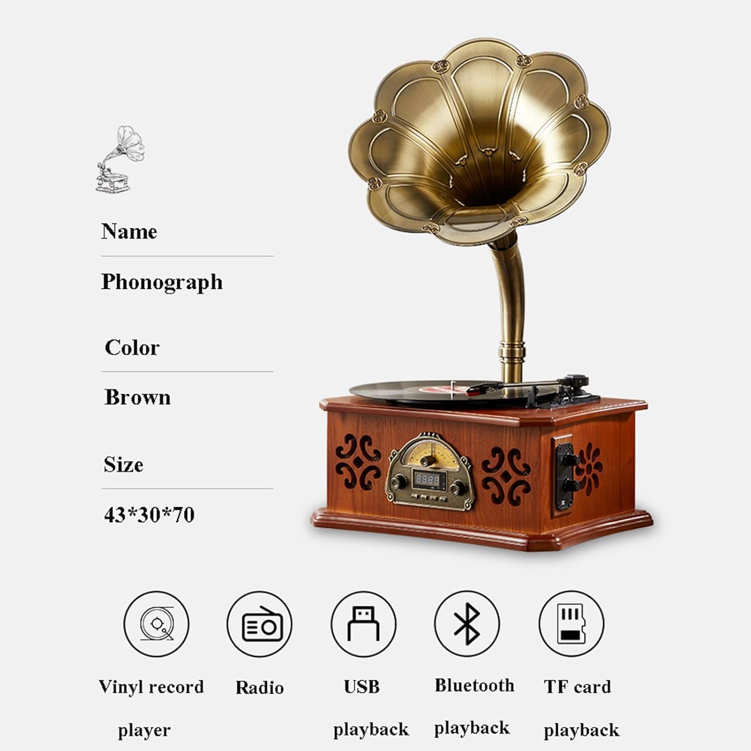 Góra Gramofon Winylowy Wielofunkcyjny Gramofon W Stylu Europejskim Klasyczny Dźwięk, Odtwarzanie Płyt Winylowych, Bezprzewodowy Bluetooth, Usb, Karta Tf