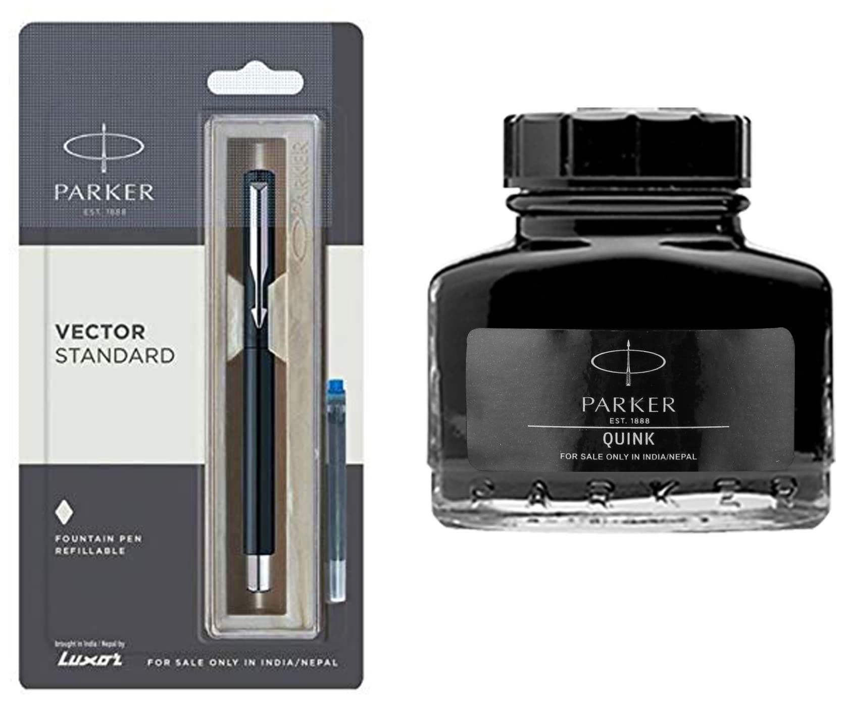 Parker Vector Standard CT Fountain Pen (Blue Ink), 2 Piece Set (9000022731) Quink Ink Bottle (Black)