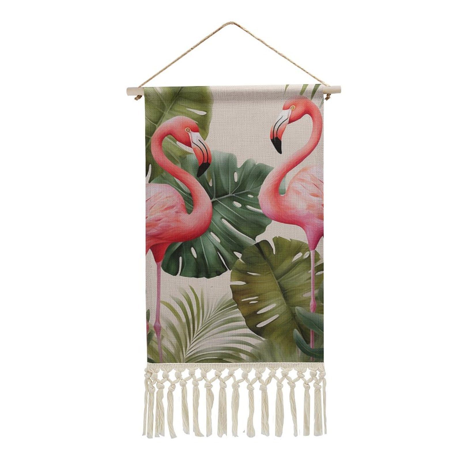 BTCOWZRV Cotton And Linen Hanging Poster with Tassels, Flamingo Palm Trees Leaf Wall Hanging Tapestry Vintage Wall Art Painting Modern Artwork Decoration for Home Decor Ready to Hang 10x19.6 in