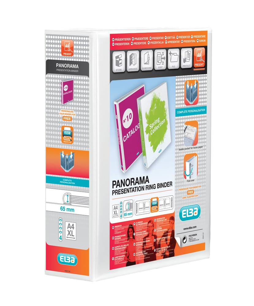 Elba A4 4 D-Ring Binder, 65mm capacity, 90mm spine, Presentation Folder with Customisable Cover, Portrait, White (Single)