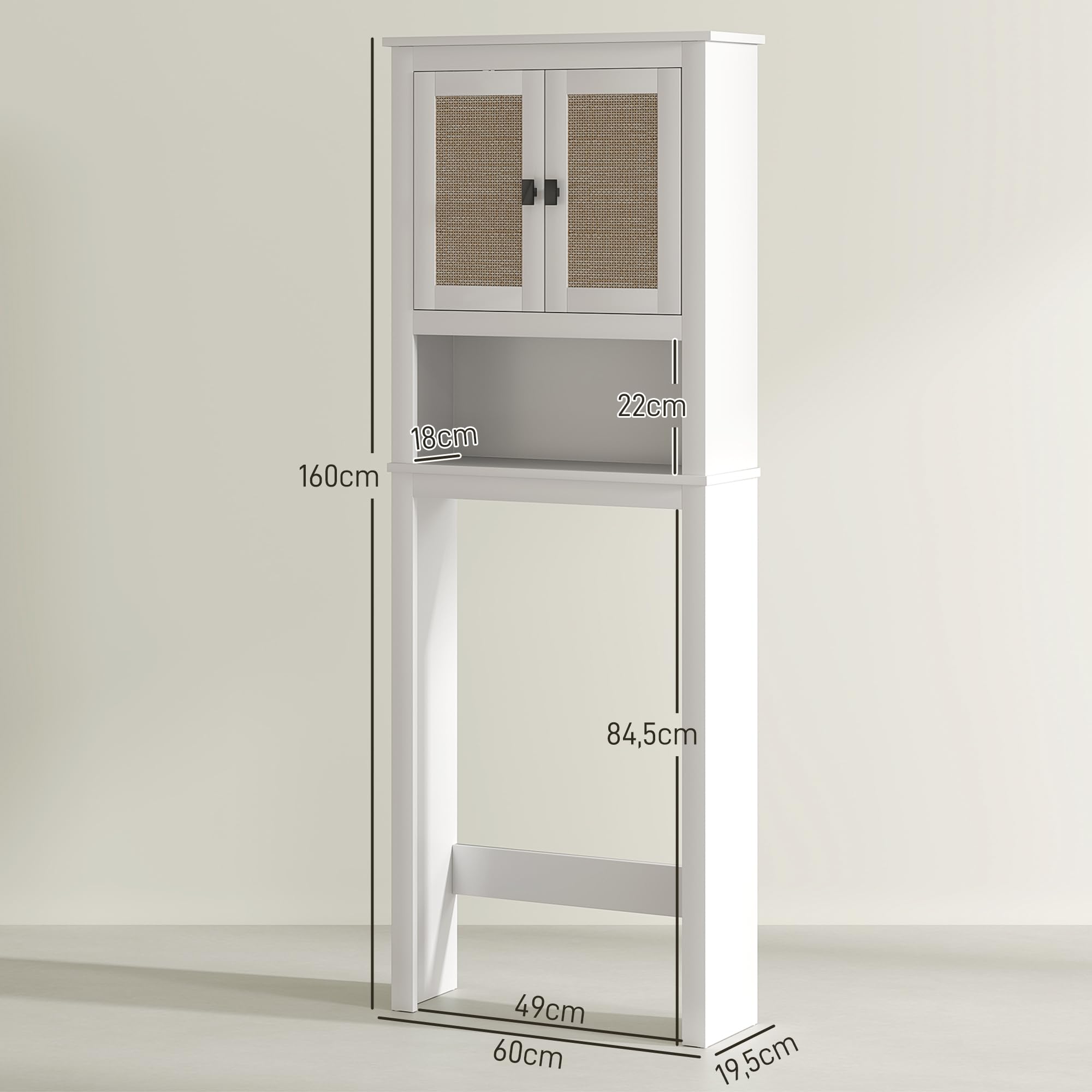 HOMCOM Mueble sobre Inodoro Estrecho Armario sobre Inodoro con 2 Puertas con Frontal de Ratán Compartimento y Estante Ajustable Mueble de Baño 60x19,5x160 cm Blanco