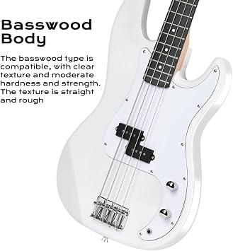 Bullfighter Electric Bass Guitar 4 String Full Size PB PJB Bass Complete Starter Kit for Beginner Musicians Rock Enthusiasts Value Seekers with Gig Bag, Strap, Picks, Tuner and Guitar Cable IB (White)