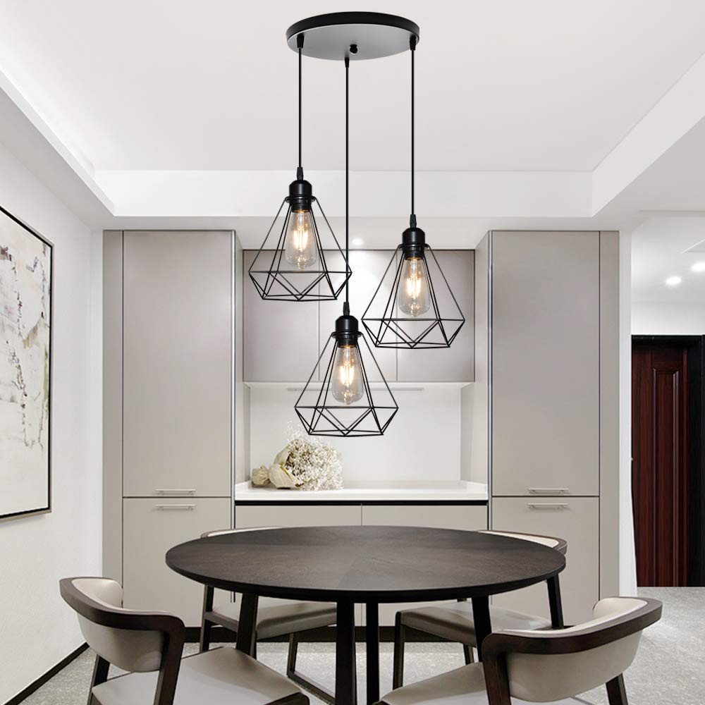 iDEGU 3-vlammige hanglamp, retro vintage hanglamp van hout metaal, industriële lamp, kooi, lampenkap, plafondlamp, moderne hanglamp voor eetkamer, woonkamer, keuken, restaurant (balken, wit