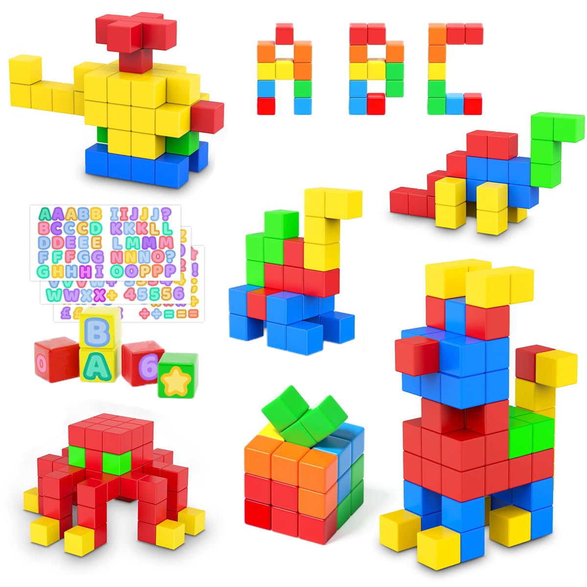 ASOK Magnetic Building Blocks with Stickers for Kids Age 3+, Magnetic Cubes, Sensory Toys for Kids Age 3-5, Boys and