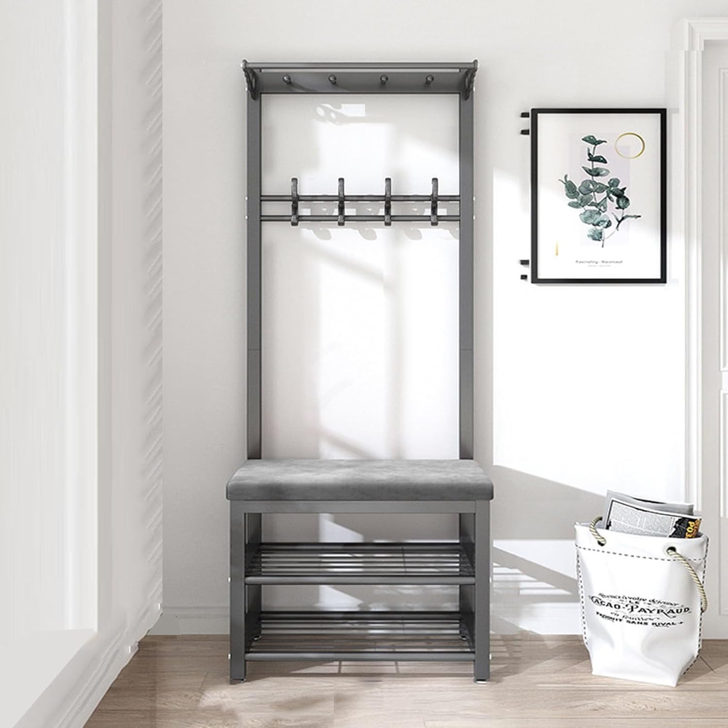 MYUYEE Wardrobe With Shoe Storage, Freestanding Shoe Rack For The Entrance Area With Hooks, Industrial Style Coat Rack, Entrance Unit With Bench, Storage Rack Hallway E, 60 * 33(B-60 * 33 * 170Cm)