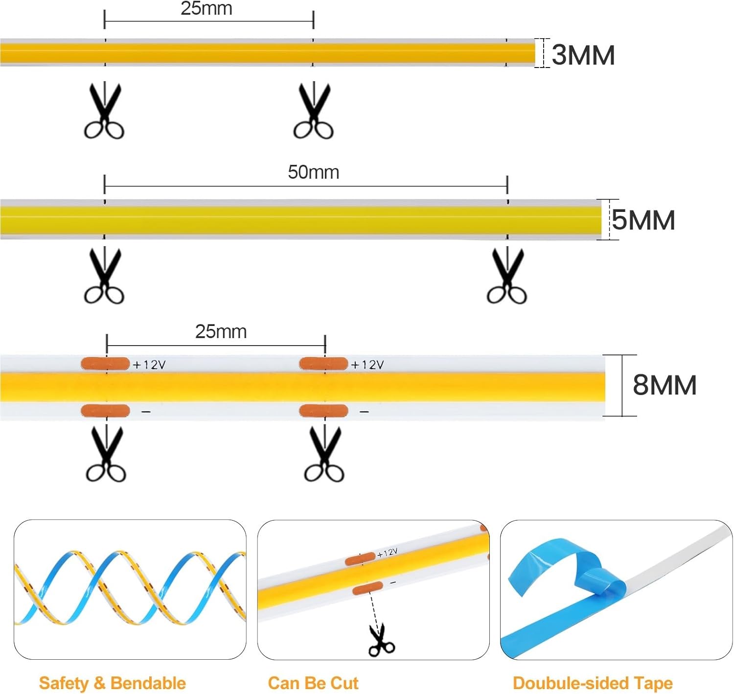 DC 12V COB LEDストリップ | 320LED/m、幅3MM/5MM/8MM、ホワイト/ピンク/レッド/イエロー、フレキシ