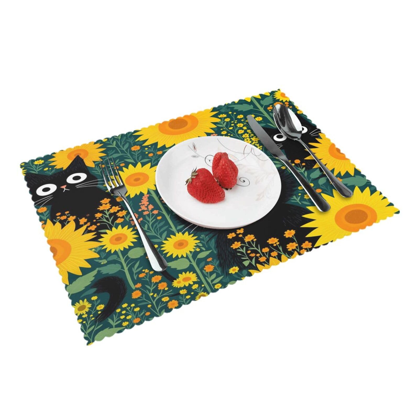 Black Cats Sunflowers Garden Placemats Set of 4 Print Table Mats Place Mats Table Decor for Kitchen Dining 12X18 in