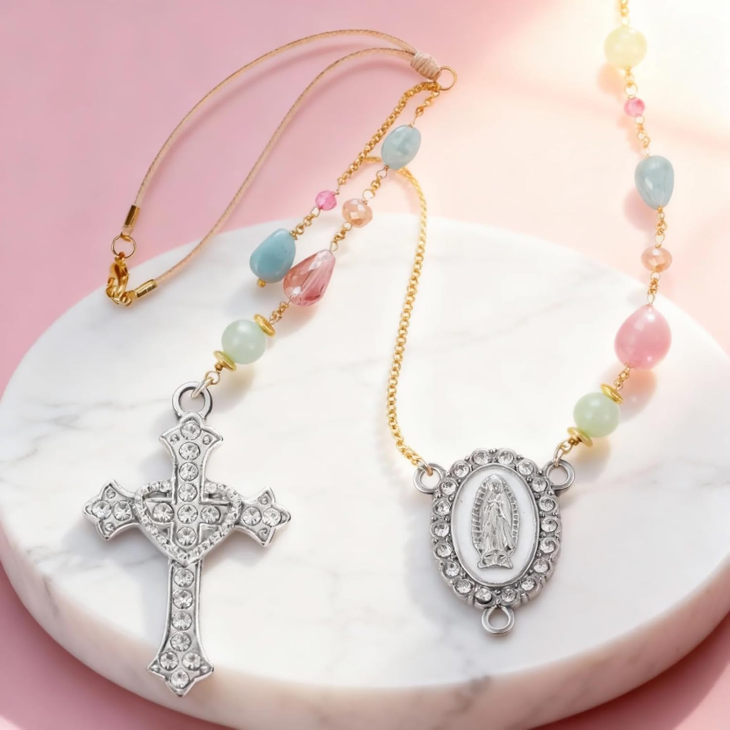 20 PCS Rosary Centerpiece Kits with 10 PCS Crystal Cross Charms and 10 PCS Rhinestone Catholic Medals Virgin Mary for Rosary Making, Religious Rosary Making Supplies for Religious Jewelry Making - Image 6