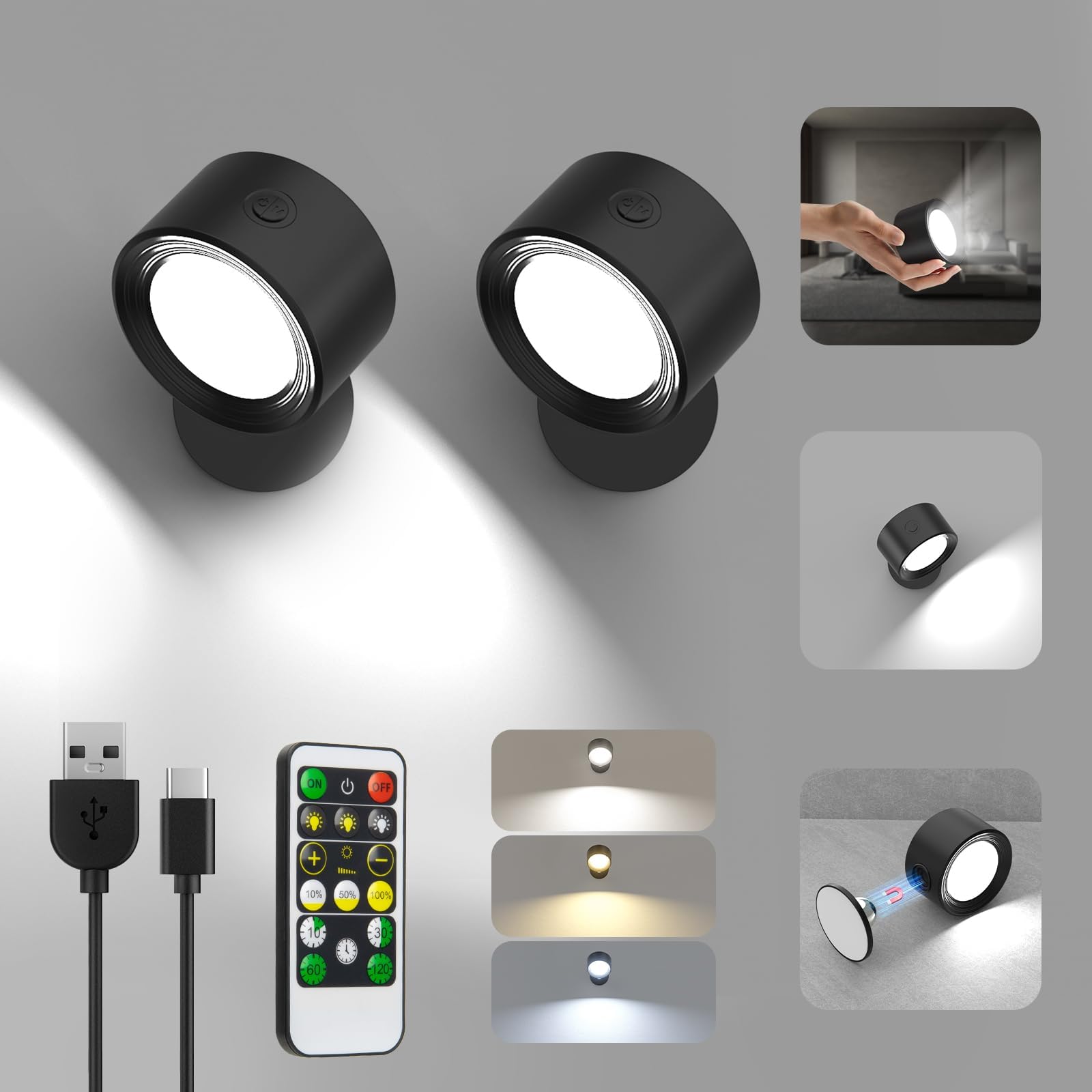 Lightbiz-Can-Do Racokky LED Wall Mounted Lights, Wall Sconces 2 Pcs with 3000mAh Rechargeable Battery, 3 Color Temperatures & Dimmable Magnetic 360° Rotation with Remote, Cordless