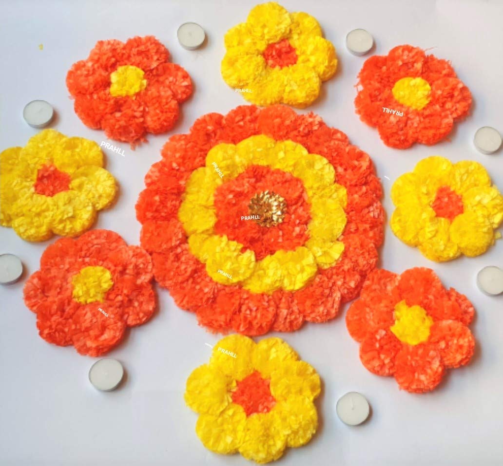 Buy PRAHLL Plastic Artificial Marigold Flower Rangoli Mat with 9 Tlite
