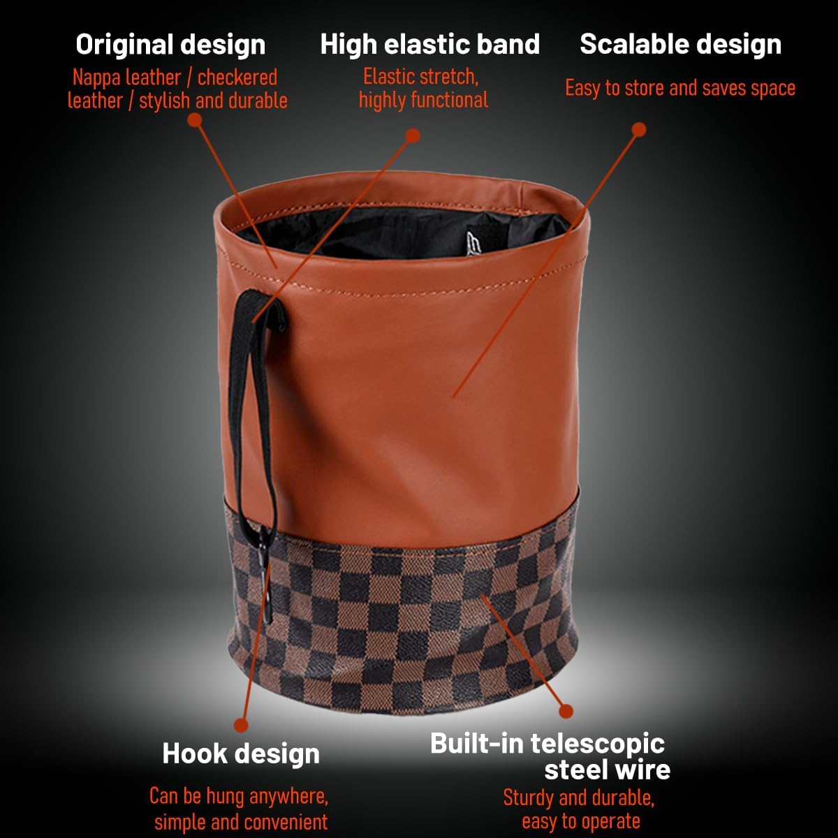 HZEL Car Collapsible Trash Can, Leather Pop-up Hanging Vehicle Garbage Bag with Elastic Band, Foldable Compact Automotive Interior Trash Bin Garbage Can, Universal for SUV Van Truck