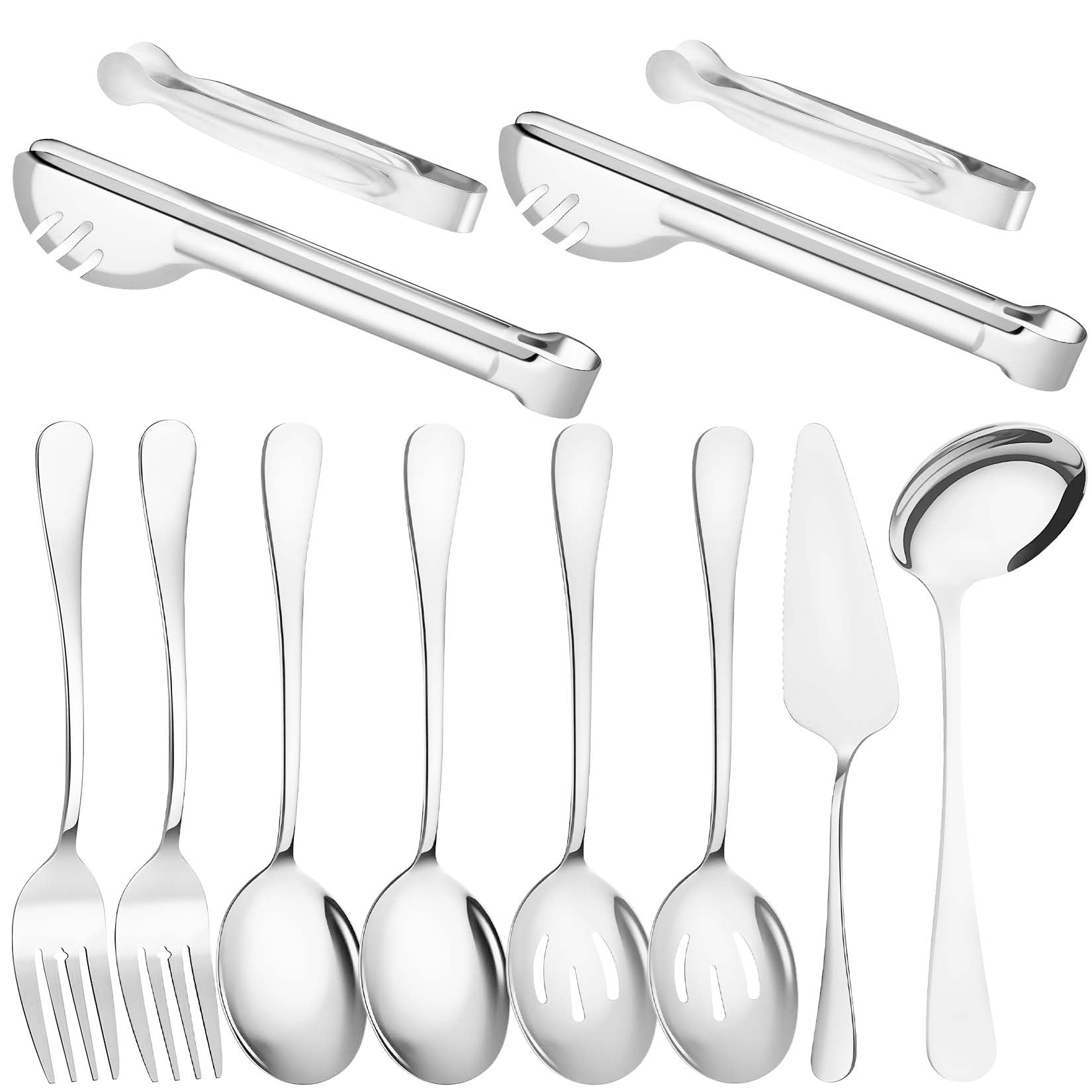 Photo 1 of 12 Pcs Silver Serving Utensils Set Include Stainless Steel Large Serving Spoons Slotted Spoons Forks Soup Ladle Pie Server - Metal Utensils for Parties Buffet Catering, Dishwasher Safe