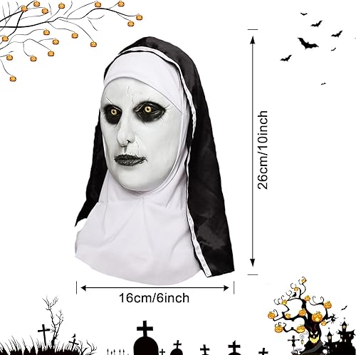 Miniatura 5 de Máscara de Halloween de monja, máscara de látex de terror, máscara de cabeza completa con pañuelo para la cabeza, disfraz de monja, máscaras