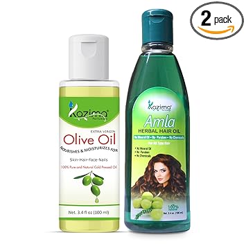 KAZIMA Combo of Olive Oil and Amla Herbal Hair Oil - 100% Pure & Natural Oil for Hair and Skin, 100 ml each