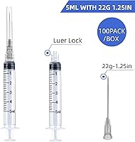 Vista 2 de 100 unidades de jeringas de laboratorio desechables de 5 ml/cc con aguja de 22Ga de 1.25 pulgadas Luer Lock, empaquetadas individualmente