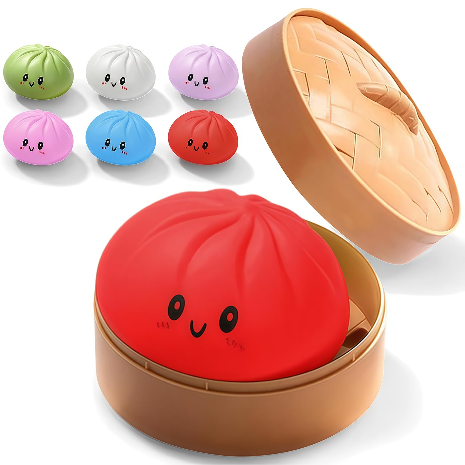 Dumpling Squishies Sensory Stress Ball, Sensory Stress Relief Giant Glitter Dumpling, Stretchy Squeeze Dough Ball with Food Steamer Fidget for Calm & Relaxation, Red — image 1