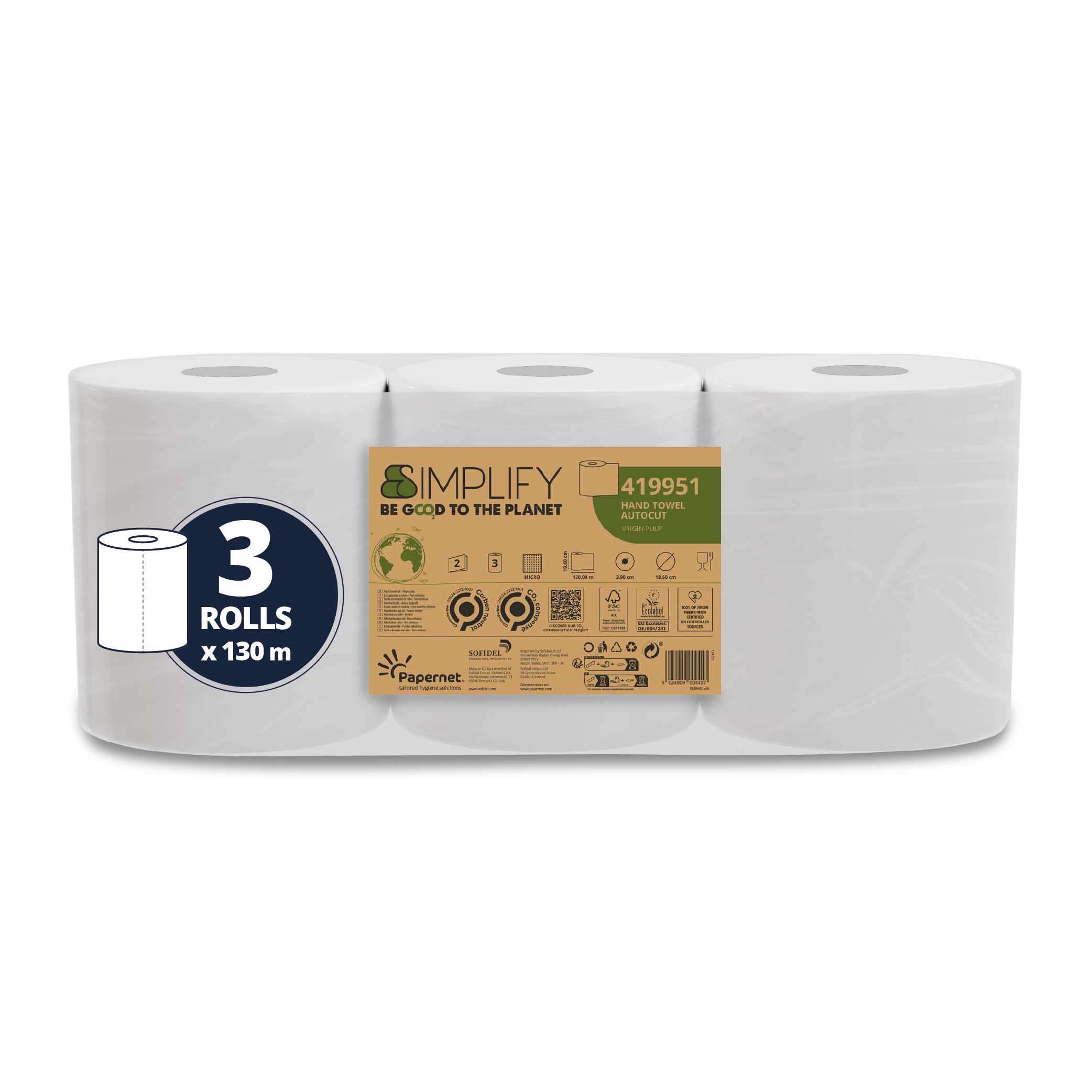 PapernetSimplify Autocut 419951 Hand Towel 3 Rolls of Pure Cellulose Paper 130 m Each 2-Ply Roll Diameter 18.5 cm