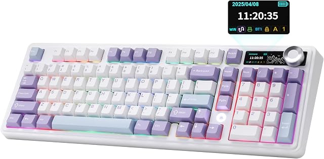 AJAZZ AK980 Mechanical Gaming Keyboard with Smart Display & Knob,98% Wireless Keyboard Tri-Mode BT/2.4G/USB-C, Hot Swappable, PBT Keycaps, with RGB Light for Win & Mac(Purple,Murad Switch)