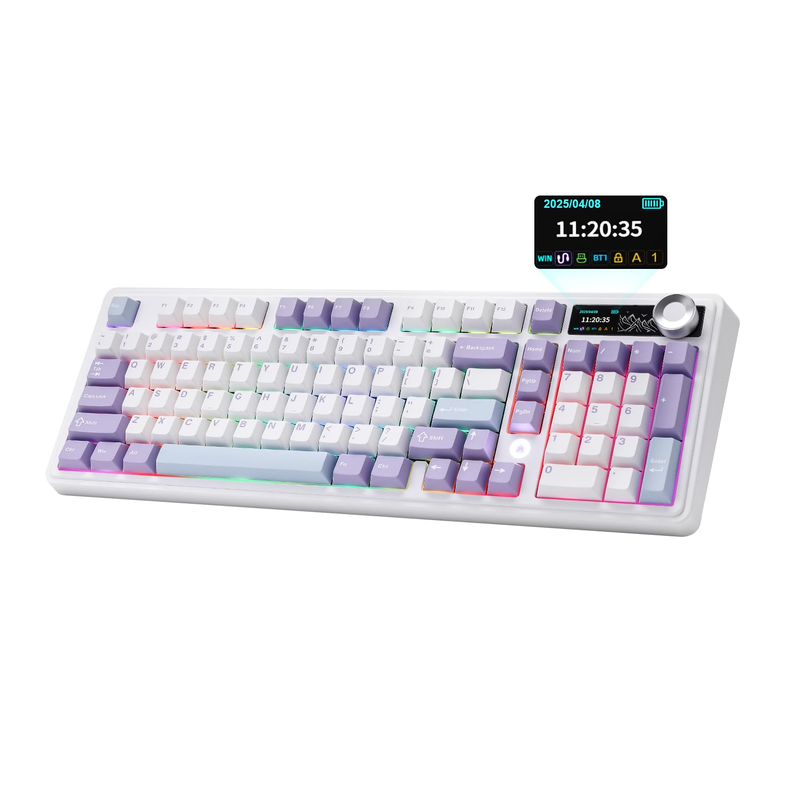 MIKIBY AJAZZ AK980 メカニカルゲーミングキーボード 98% ワイヤレス トリモード(BT/2.4G/USB-C) 10000mAh大容量バッテリー搭載 スマートディスプレイ&ノブ ホットスワップ PBTキーキャップ RGBバックライト Win/Mac対応 (パープル/ムラッドスイッチ)