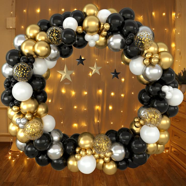 Arco Palloncini Oro Nero, Palloncini Nero Oro Argento Bianco, Decorazioni Capodanno 2024, Palloncini Compleanno Neri e Oro, Decorazione Compleanno per Uomo e Donna, Mubarak Ramadan