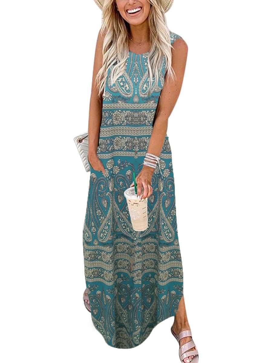 Cuptacc Sommerkleid Damen Lang Ärmellos Blumenmuster Strandkleid Maxikleid mit Taschen Elegante