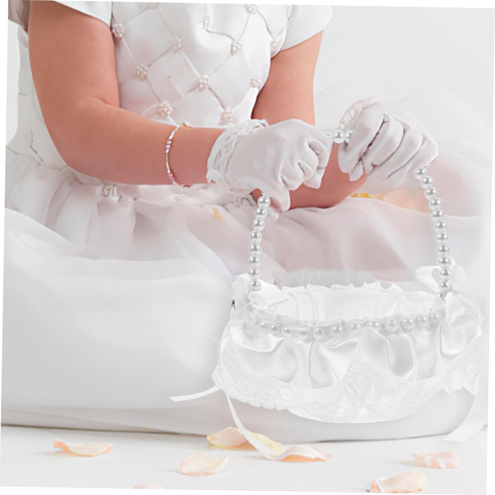 Alipis 4pièces Panier Fleuri Dentelle Romantique Pour Demoiselle Honneur Panier à Bonbons Élégant Avec Poignée Perles Pour Mariage Décoration De Cérémonie Et Transport De Fleurs