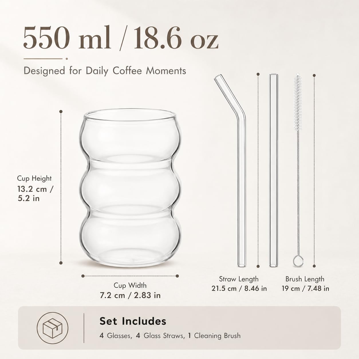 ALINK Juego de 4 vasos de burbuja, vasos acanalados de 550 ml, de cristal ondulado, para latte macchiato, vasos de café helado, vasos de cóctel