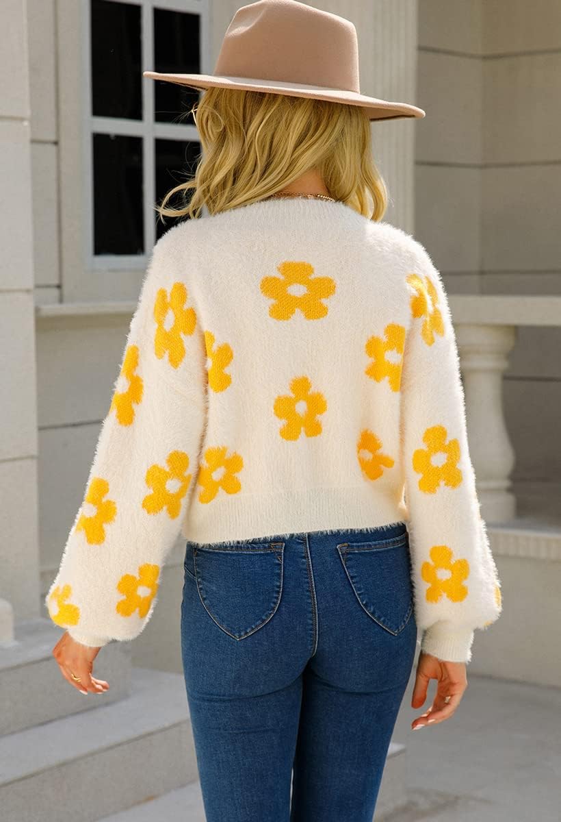 chouyatou Women's Fuzzy Daisy Printed Cropped Cardigan Open Front Jacquard Knit Sweater Tops - Image 4
