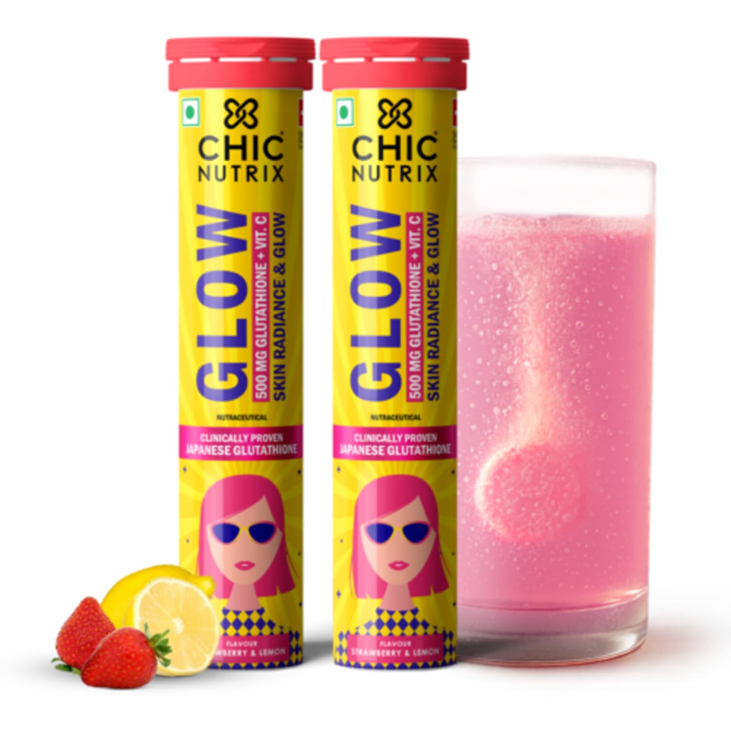 Chicnutrix Glow Glutathione Effervescent Tablets with Vitamin C |Japanese Glutathione 1000mg For Radiant, Even-Toned and Glowing Skin | Sugar-Free| Strawberry Lemon Flavour, 20 Tablets (Pack of 2)