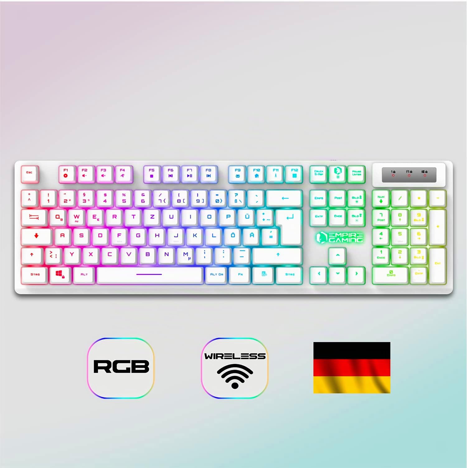 Empire Gaming - Armor RF800 Wireless Wiederaufladbar Gaming Tastatur und Maus QWERTZ ((Deutsche Layout)) Tastatur 2,4 G RGB -Ergonomische Maus 4800 DPI mit Mauspad -PC Playstation Spielekonsolen Mac