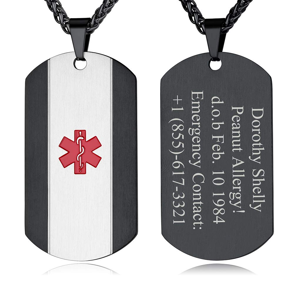 Custom4U Medical Alert Necklace for Women Men Personalized Stainless steel Medical ID Tag Tag with Name Engraved