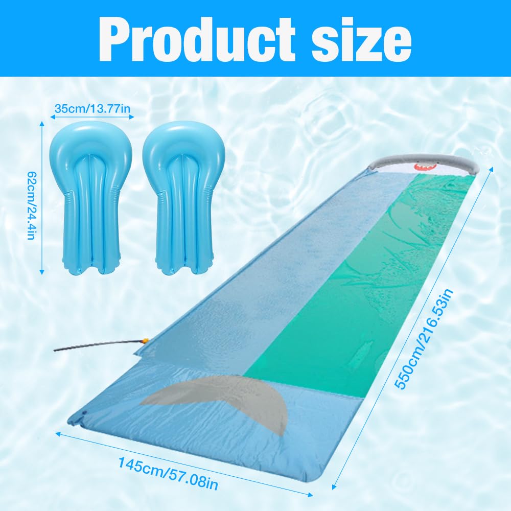 Wasserrutsche Garten 550x145cm aufblasbar mit 2 Bodyboards eingebautem Sprinkler Hai-Stil