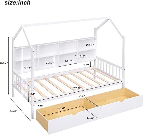 Miniatura 2 de Cama de casa de tamaño individual con 2 cajones y estantes de almacenamiento, cama Montessori para niños, casa de juegos de madera, marco de cama