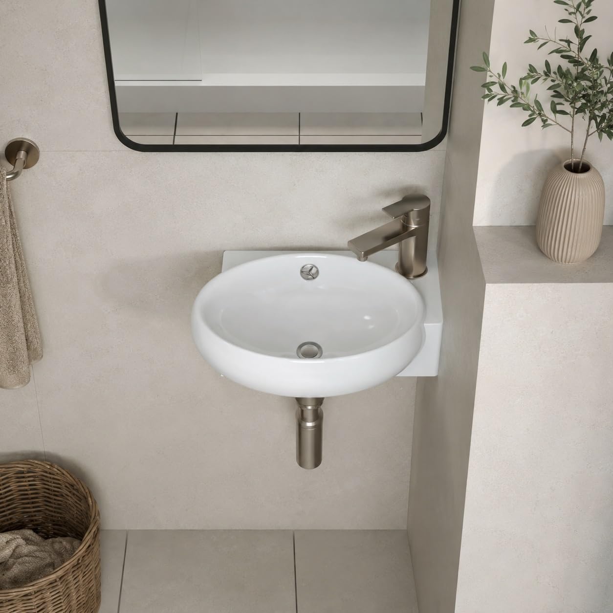 Compact Small Wall Hung Bathroom Corner Basin Sink, Gloss White Ceramic Wash Basin, Modern Space Saving Wall Mounted Sink for Small Bathrooms (Gloss White, Oval Right Hand (420x280mm))