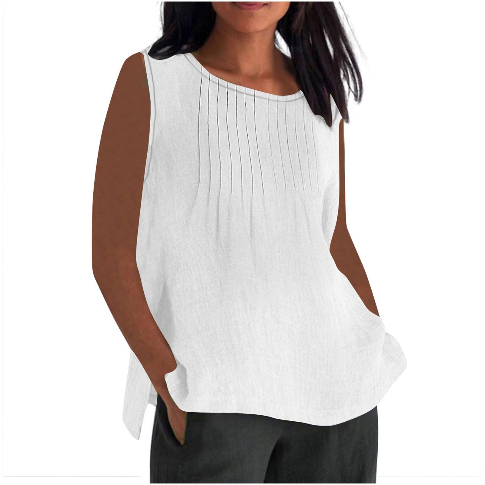 RLEHJN Musselin Tank Top Damen,Lang Trägertop Locker T-Shirt Lässige Baumwoll Leinen Tanktops Sommer Plissierte Ärmelloses Tunika Leichte Damen T-Shirt Strand Vest Blusentop Übergröße S-5XL