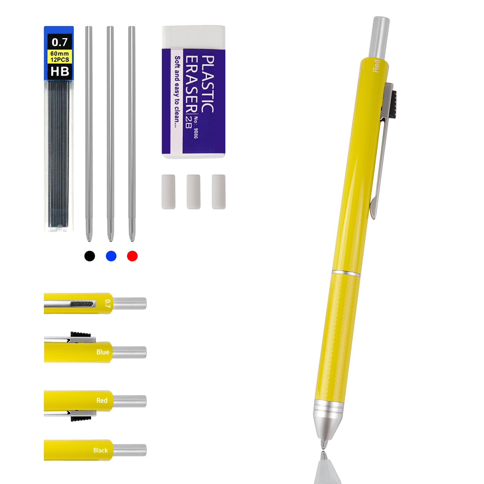 RANBOS 4-in-1 Four-Color Multifunctional Pen, Black/Red/Blue Ballpoint Pen and 0.7mm Mechanical Pencil, Metal Case Pen, Great Gift for Friends, Loved