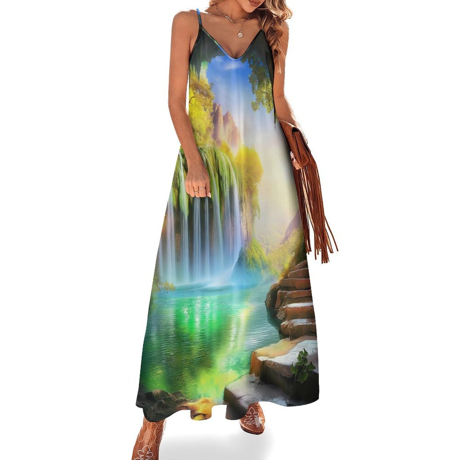 Vestido De Verano para Mujer - Paisaje De Cascada Vestidos De Tirantes Finos, Tallas S-5Xl, Informales, con Escote En V, Sin Mangas, Largos, De Verano, Sexys, para La Playa, Estilo Urbano.