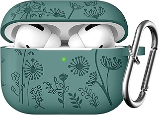 Easuny Flower Engraved Case Compatible with AirPods Pro 2 Case Cover 2022, Soft Silicone Case for Apple AirPods Pro 2nd/1st Generation, Shockproof Case with Carabiner [Front LED Visible], Pinegreen
