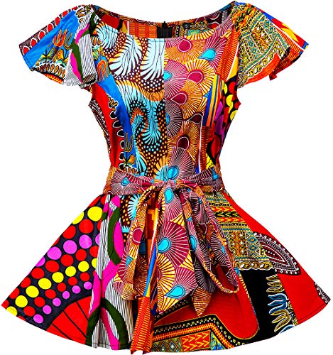 HongyuAmy Womens African Patterns Print Cap Sleeve Blouse Tie Waist Flared Tops (XX-Large Color A)