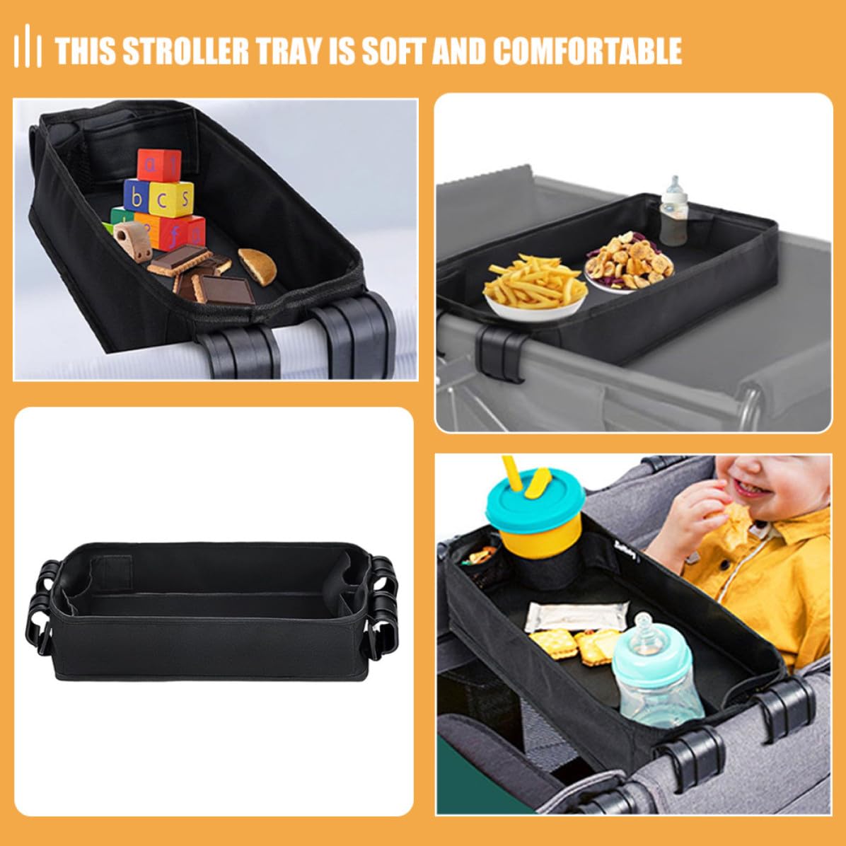 Vassoio Porta Snack per Passeggino Portabicchieri Nero