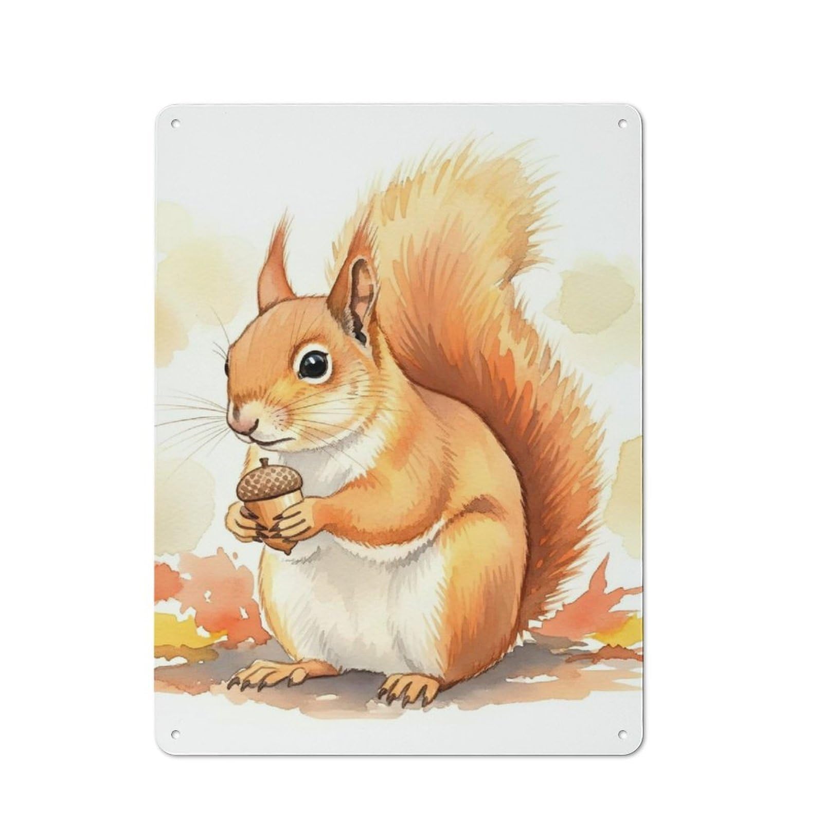 Junmoney Style-11 Tin Wall Plaque 40X30cm With Watercolor Squirrel Holding An Acorn For Home Office Or Studio, For Garage, Workshop And Man Cave Decoration