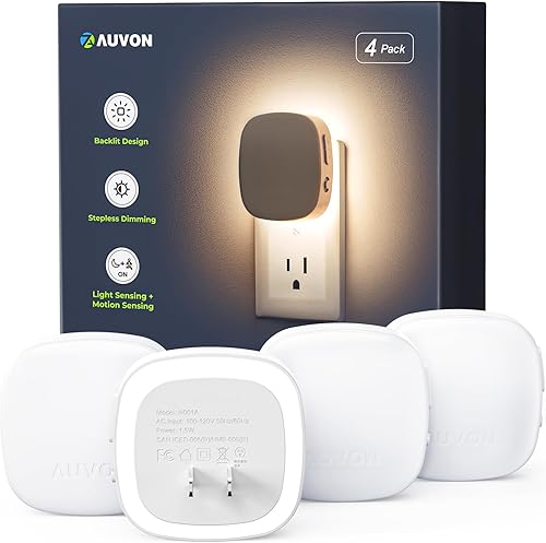 AUVON Luz nocturna LED retroiluminada con sensor de movimiento y sensor de atardecer a amanecer, luz nocturna blanca fría regulable con brillo