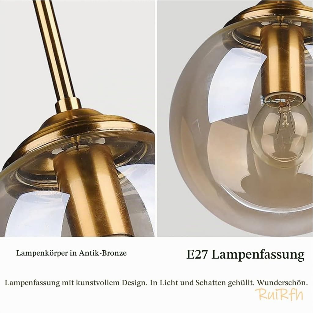 Kronleuchter Industrielle Retro 3-flammige Pendelleuchte im pastoralen Stil Antiker Messing Metalllampenkörper mit Glaskugelschirm Hängelampe E27 Deckenleuchten Restaurant Küche Insel Bar Café