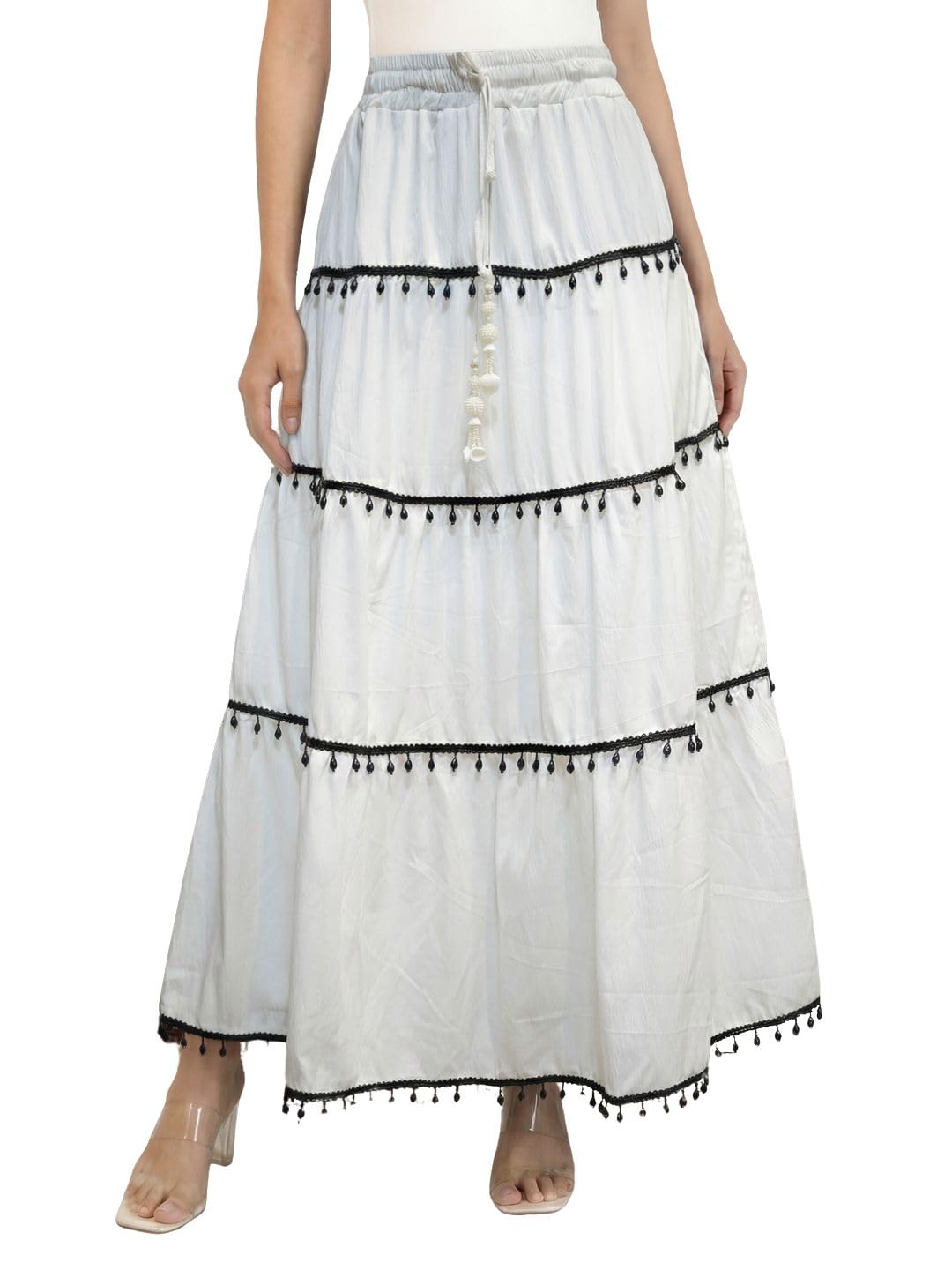 White Delta Tiered Maxi Skirt with Black Lace Tassel Detail, Elastic Waistband with Drawstring, Boho Style-picture-30