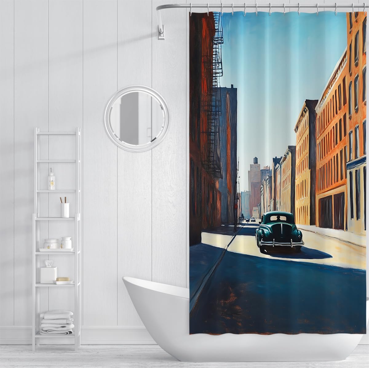 Escena Retro Urbana Cortina de ducha Coche Estilo años 40 conduciendo por una bulliciosa avenida City Cortinas de ducha Decoración de baño moderna de mediados de siglo 180 x 180 cm