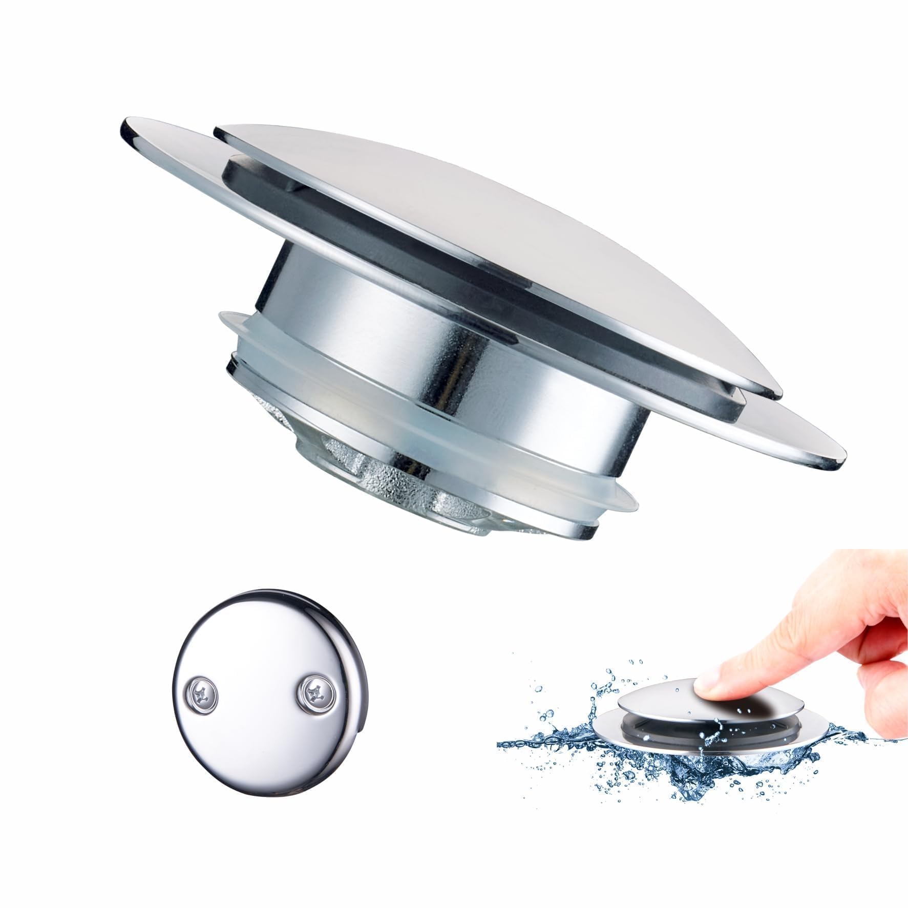Chrome Bathtub Stopper Tub Drain,Welsan Universal Pop Up Tub Drain Stopper Replacement Tip Toe, Lift and Turn with 2-Hole Overflow Face Plate Cover and EZ Bath Tub Plug (Chrome Plated)