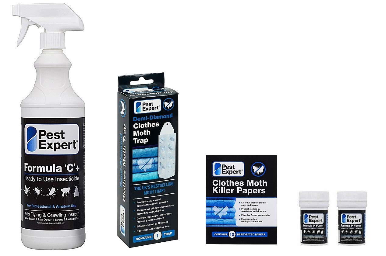 Buy Pest Expert Carpet Moth Killer pack Formula ‘C’ Moth Spray 1ltr, 2 x Formula ‘P’ Smoke