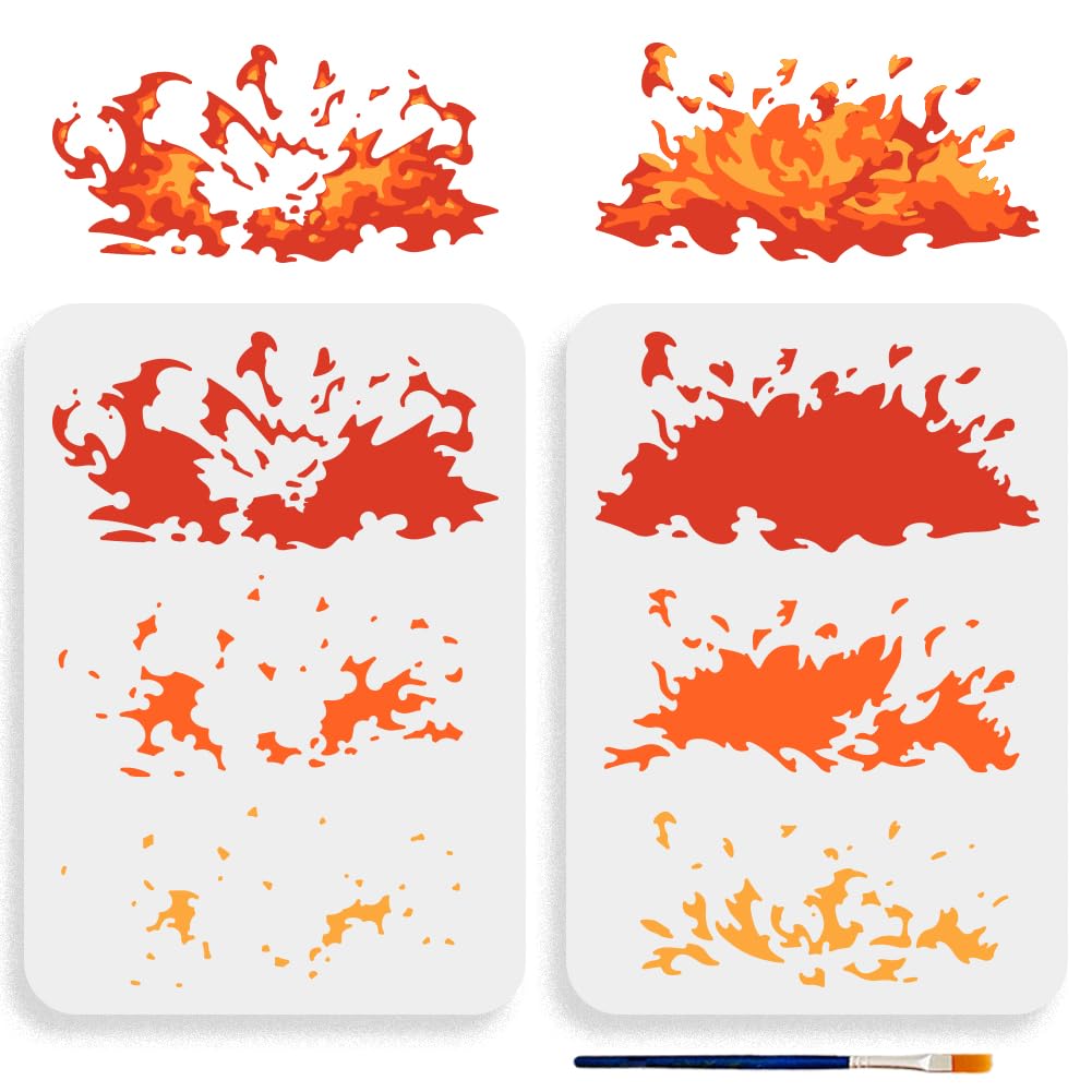 MAYJOYDIY 2 Pack Reusable Flame Stencils (11.7x8.3 inch) - Layered Fire Design Template for Painting on Wood, Canvas, Walls, Furniture - Includes Paint Brush